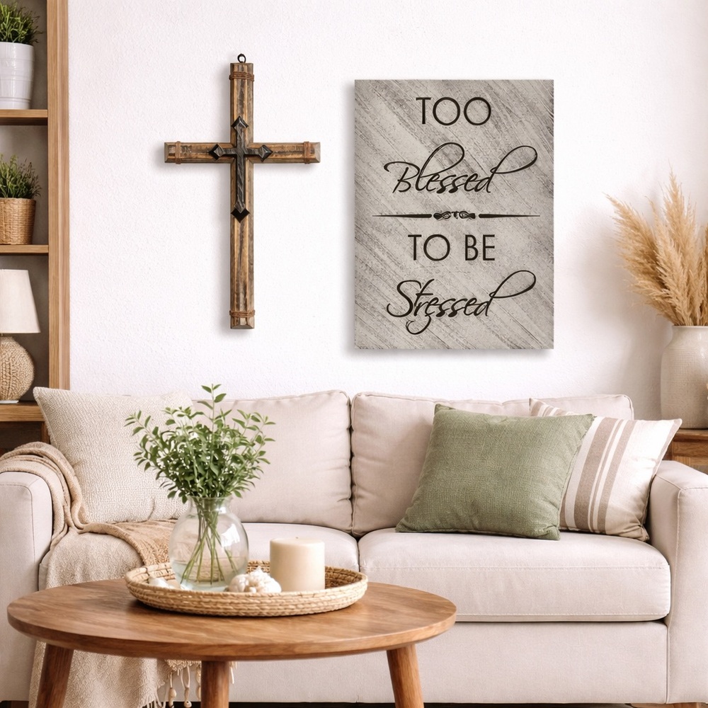 Wooden Cross & 'Blessed to Be Blessed' Wall Plaque - Distressed Black and Cream
